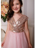 Dusty Rose Sequin Tulle Ankle Length V Back Flower Girl Dress